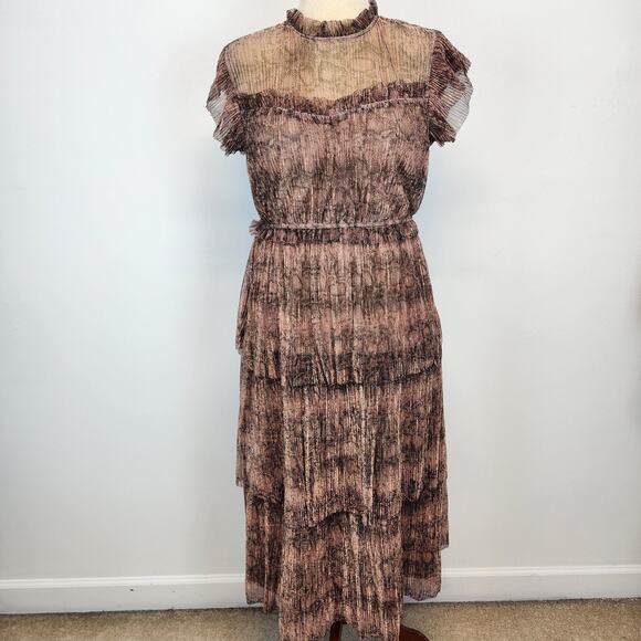 En Saison Metallic Snakeskin Tiered Ruffle Midi Dress Size M Rose Gold Couture - Picture 1 of 16